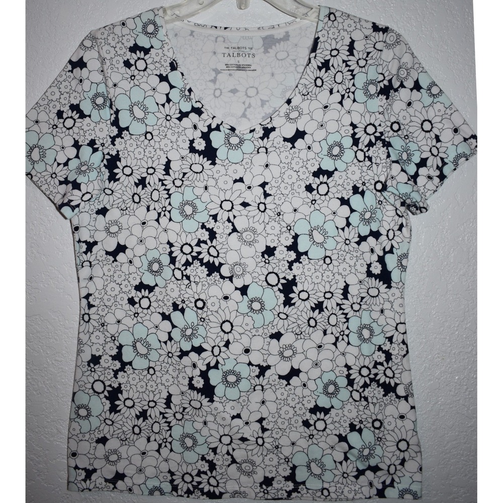 Talbots Tee Small White‎ Floral V-Neck Short Sleeve Cotton Stretch Pullover Top